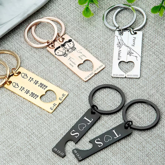 Couple Engraved Names or Date Keychain with Heart Bottle Opener
