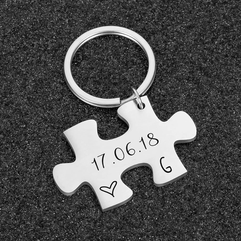 Custom Engraved Puzzle Charm Keychain with Date and Initials