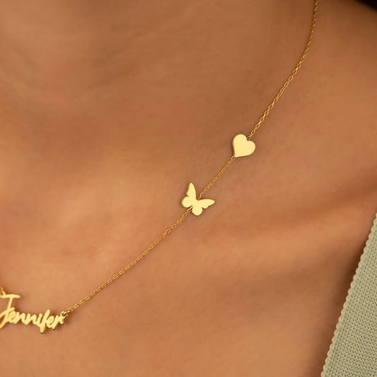 Cute Necklace with Name and Petite Heart & Butterfly -
