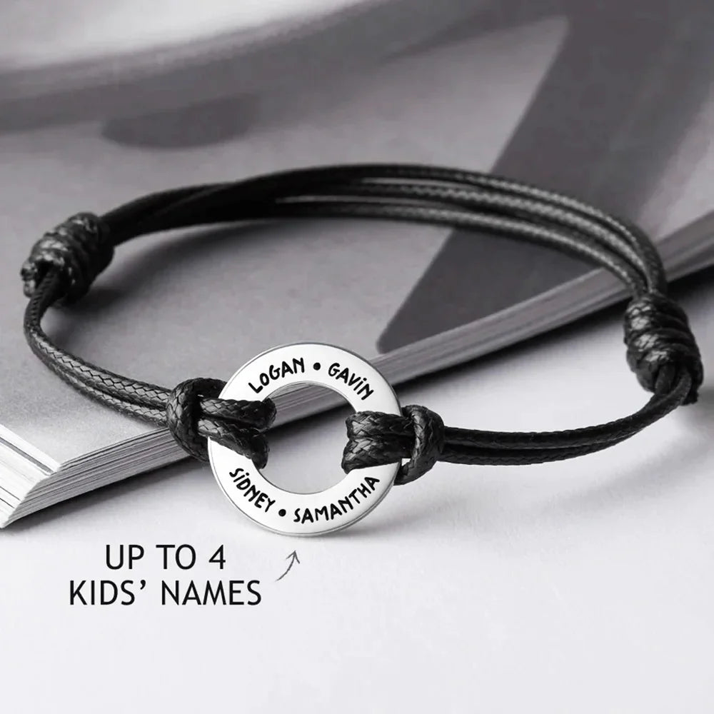Engraved Adjustable Bracelet with Round Ring Charm