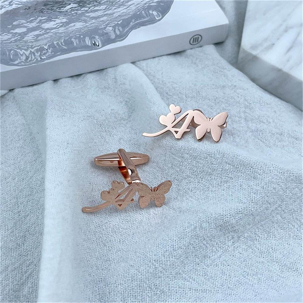 Initial Letter Butterfly and Heart Cufflinks - Rose Gold