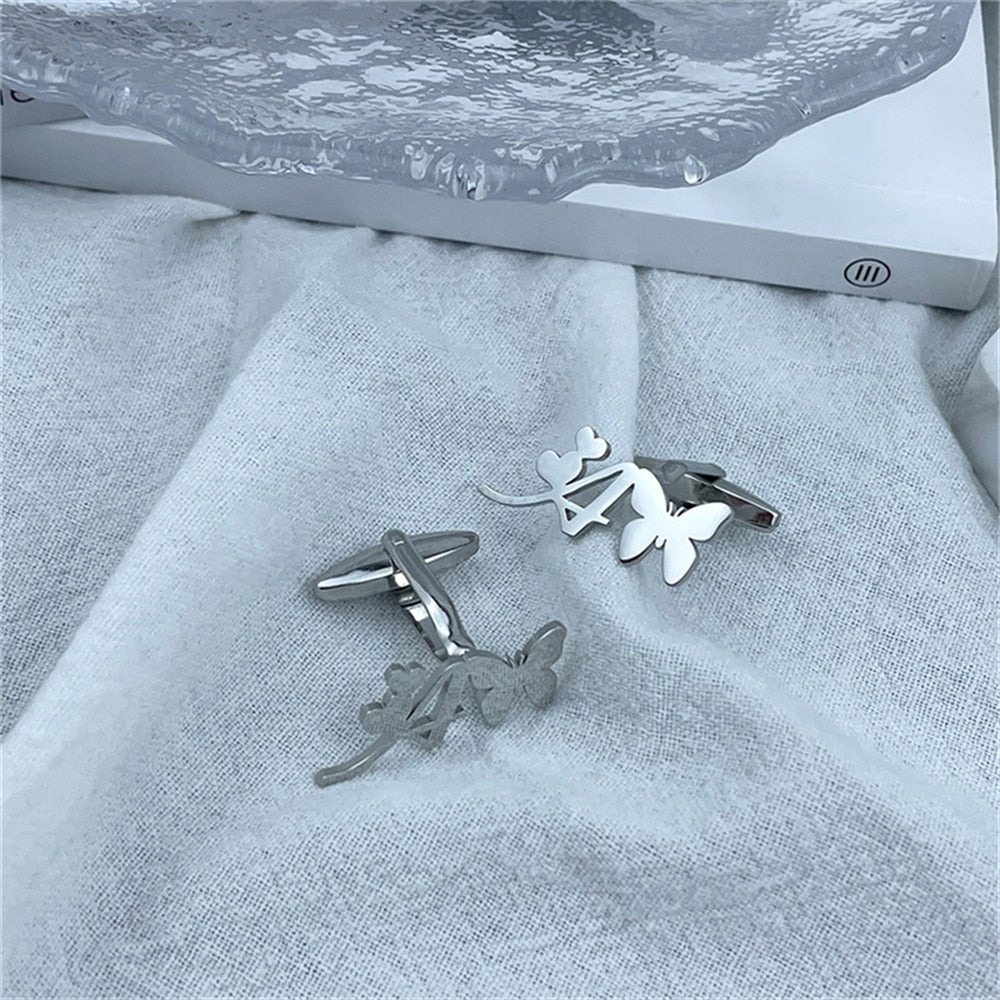 Initial Letter Butterfly and Heart Cufflinks - Silver