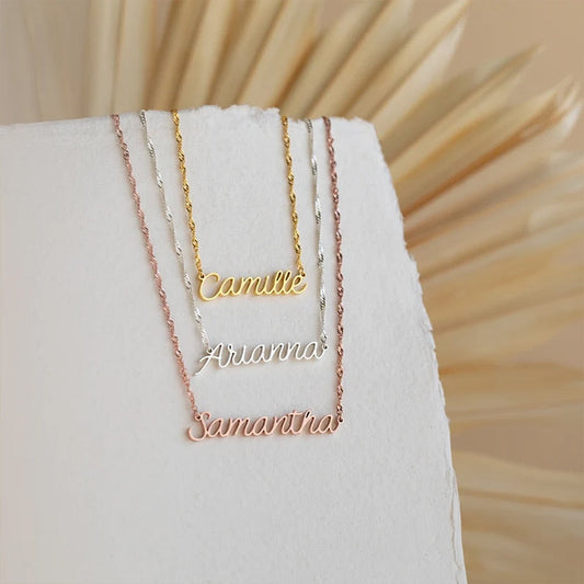 Name Necklace with Water Wave Chain - Custom Necklace