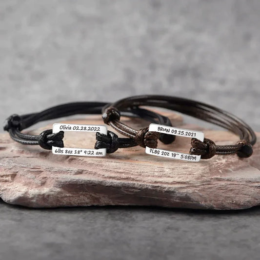 Adjustable Rope Stainless Steel Rectangle Bracelet with Baby name and Birth Data with Custom Note on the Back