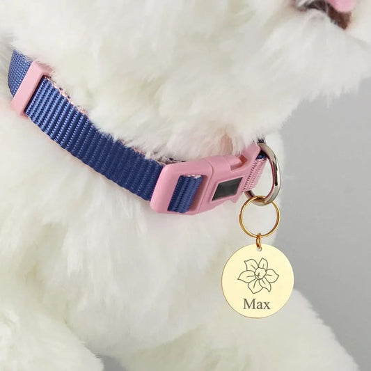 Pet Tag or Keychain with Birth Flower and Name - Keychain