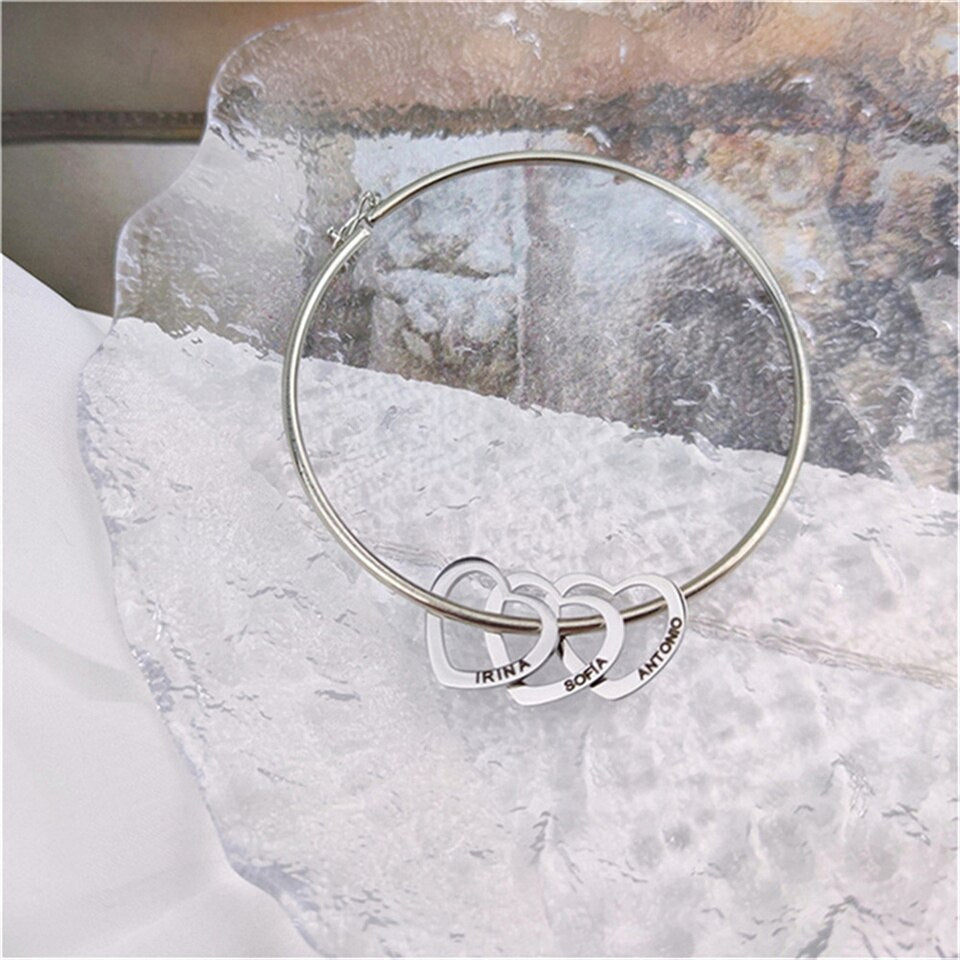 Bangle with Carved 2-6 Custom Name Heart Charms - Custom