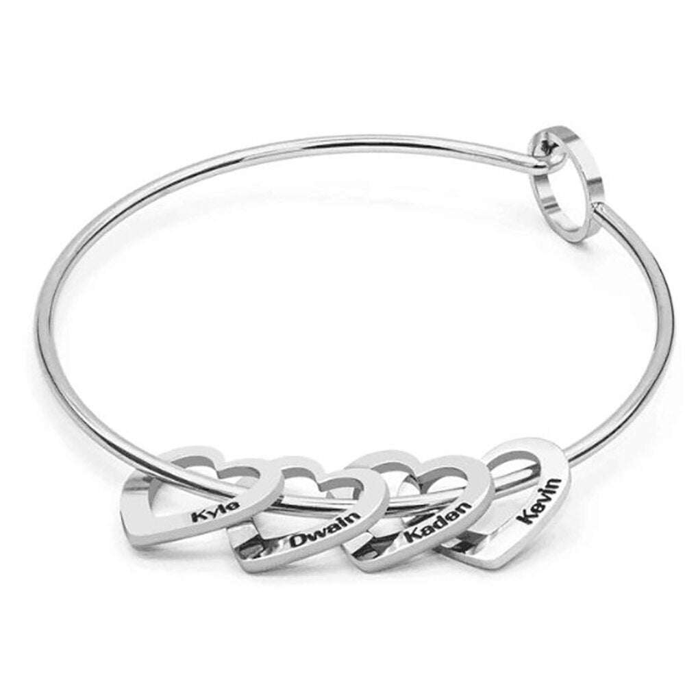 Bangle with Name Carved Heart Charms - Bracelet
