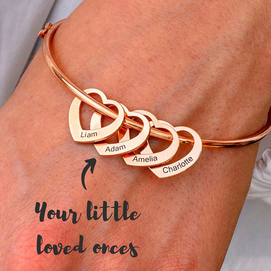 Bangle with Name Carved Heart Charms - Bracelet