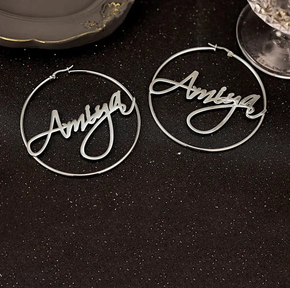 Big Round Hoop Loop Silver Earring Personalized with Name