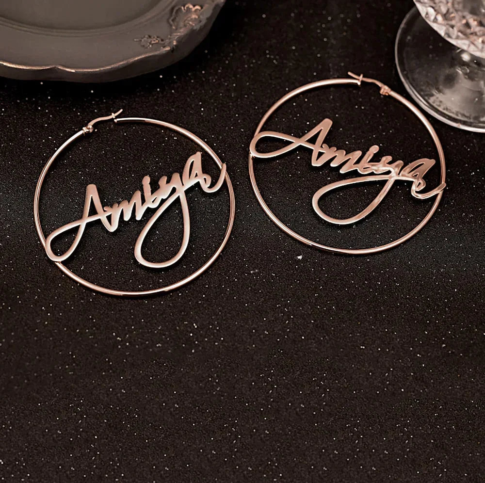 Big Round Hoop Loop Rose Gold Earring Personalized with Name