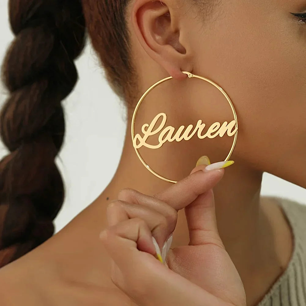 Big Round Hoop Loop Gold Earring Personalized with Name
