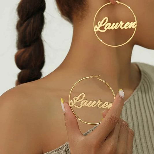 Personalized Big Gold Designer Hoop Earring with Name