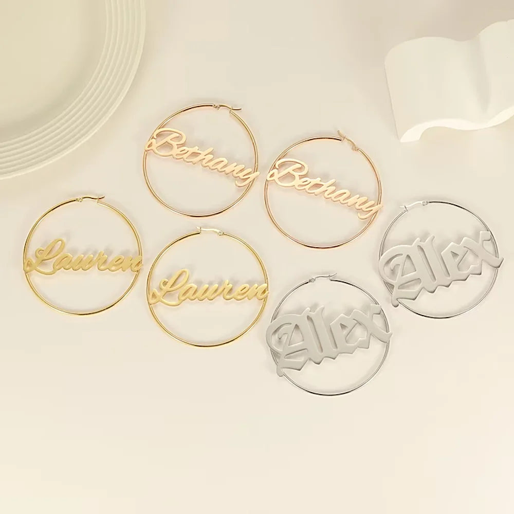 Selection of Stainless Steel Big Hoops Earring for Women Custom Name Earrings Personalized Designer Earring Jewelry in Gold Rose Gold and Silver and different Names and Fonts