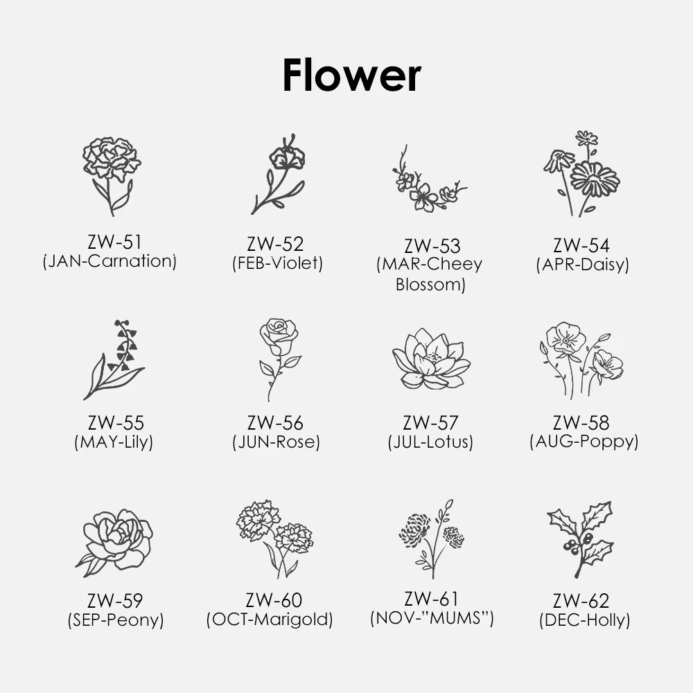 Set of black line birth month art flower illustrations with on a white background.