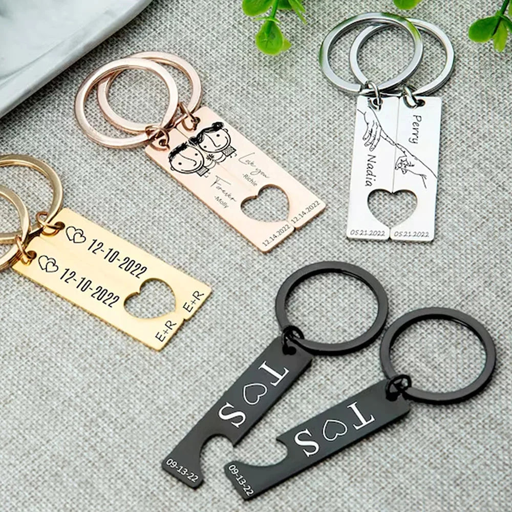 Couple Engraved Names or Date Keychain with Heart Bottle Opener