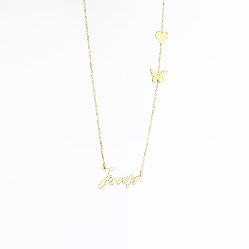 Cute Necklace with Name and Petite Heart & Butterfly -