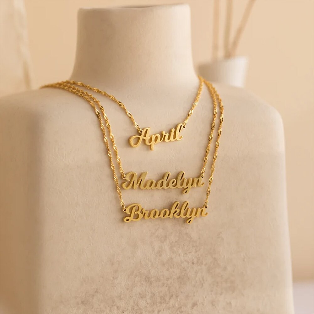 Name Necklace with Water Wave Chain - Custom Necklace