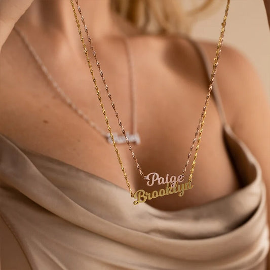 Name Necklace with Water Wave Chain - Custom Necklace