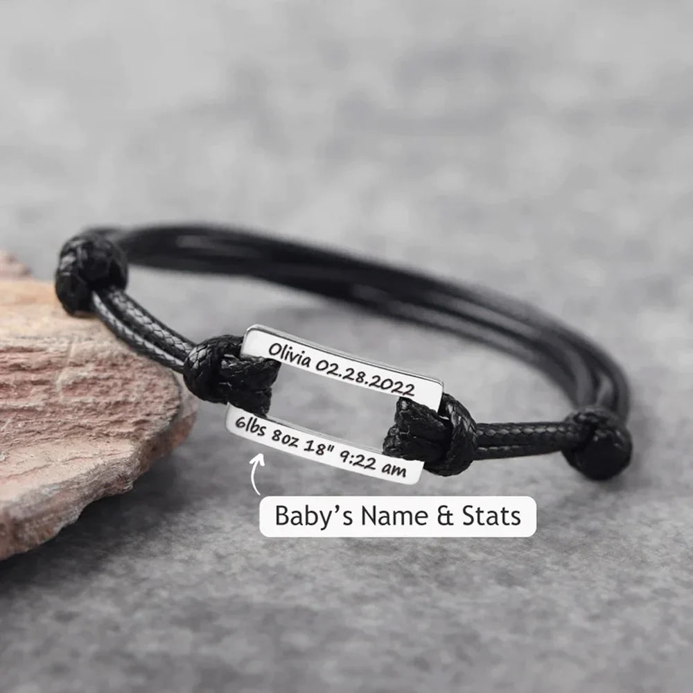 Adjustable Rope Stainless Steel Rectangle Bracelet with Baby name and Birth Data and Stats with Custom Engraving on the Back