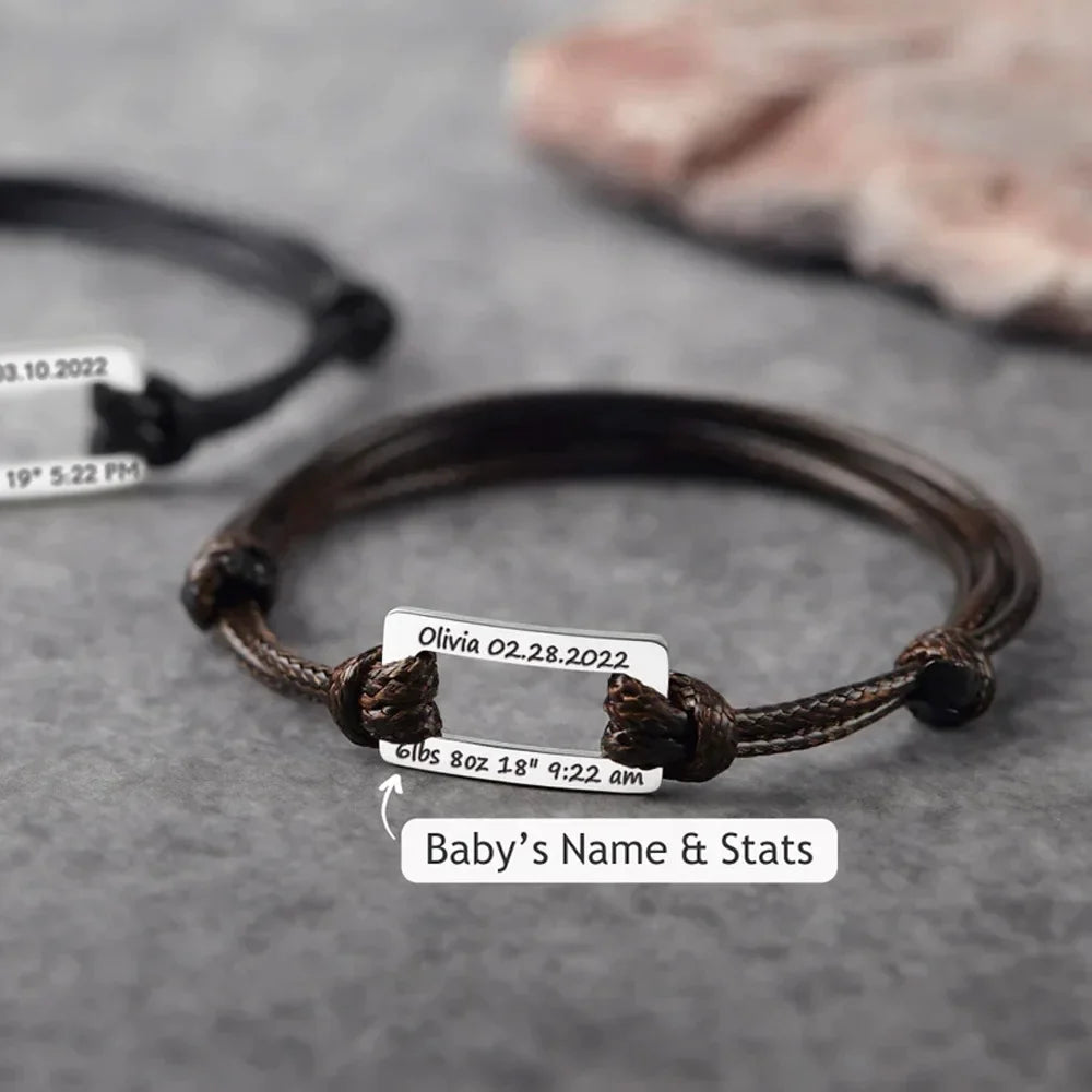 Adjustable Rope Stainless Steel Rectangle Bracelet with Baby name and Birth Data with Custom Note on the Back