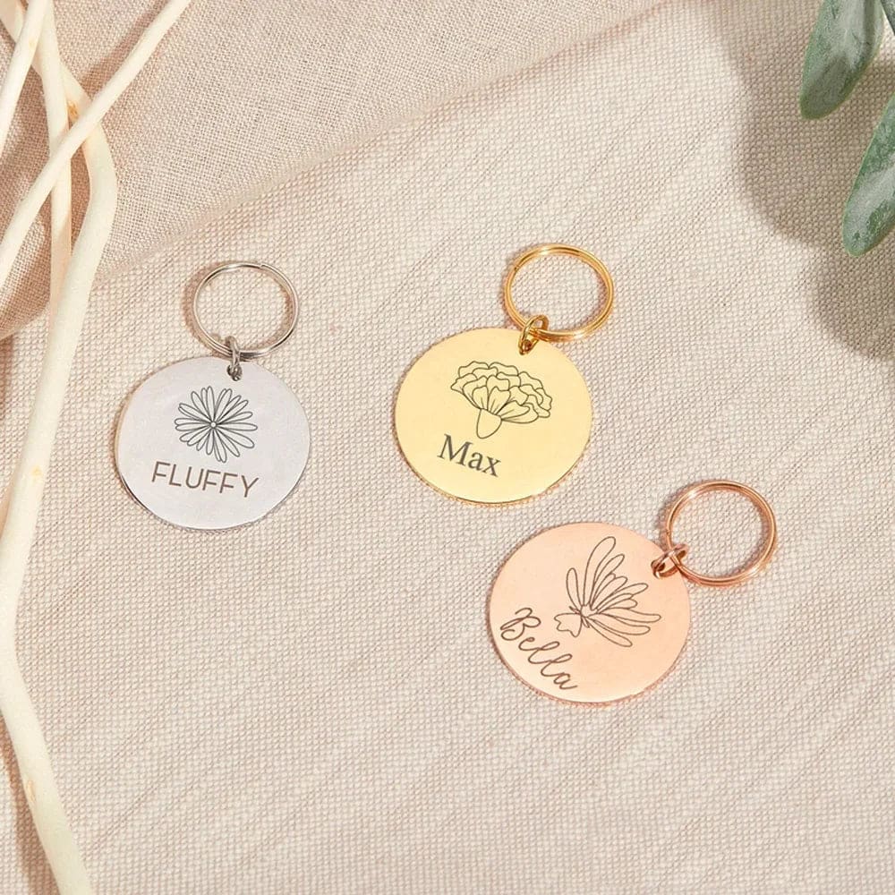 Pet Tag or Keychain with Birth Flower and Name - Keychain