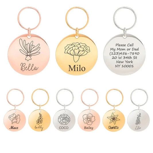 Pet Tag or Keychain with Birth Flower and Name - January
