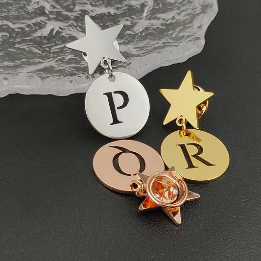 Star Brooch with Personalized Letter Pendant - A / Gold -