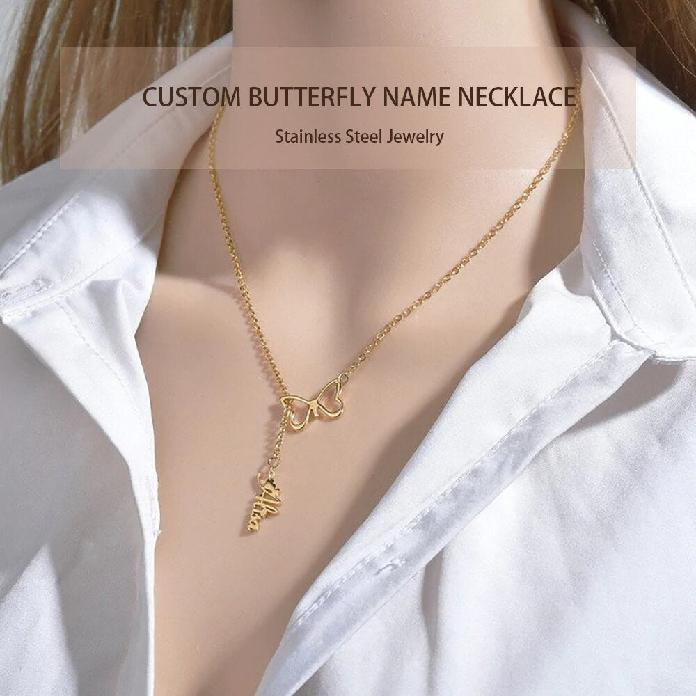 Butterfly Necklace with Vertical Name - Custom Necklace
