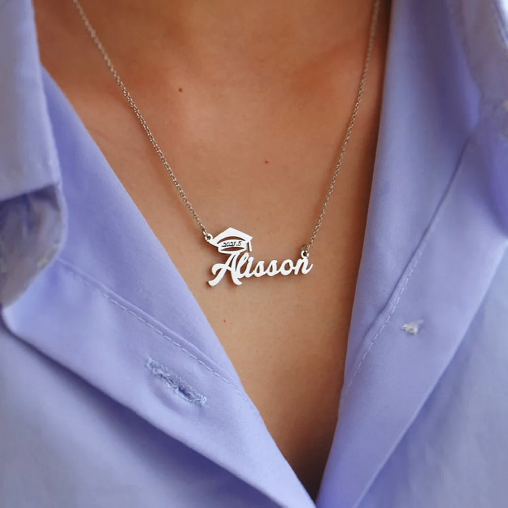 Graduation Bachelor Cap Necklace with Custom Name