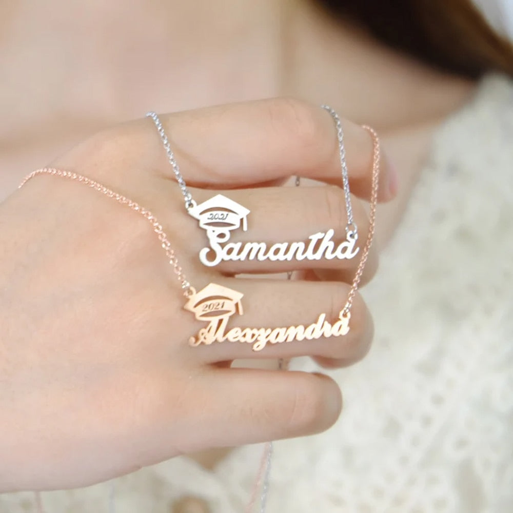 Graduation Bachelor Cap Necklace with Custom Name